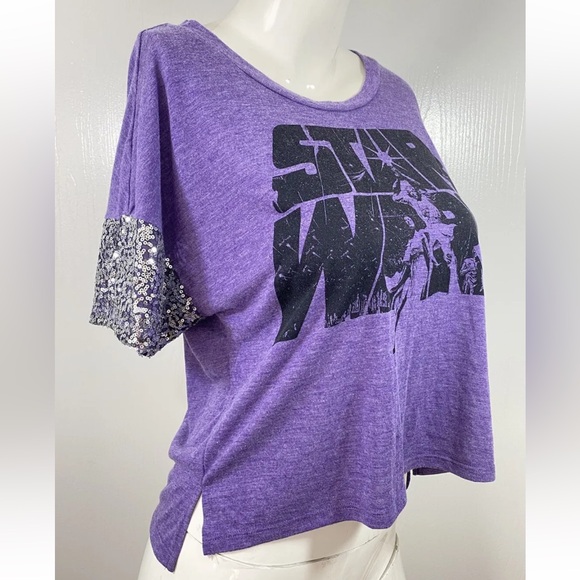 STAR WARS Collectible Stretch Poly Rayon SILVER Sequin T-Shirt Sz L - Picture 2 of 5